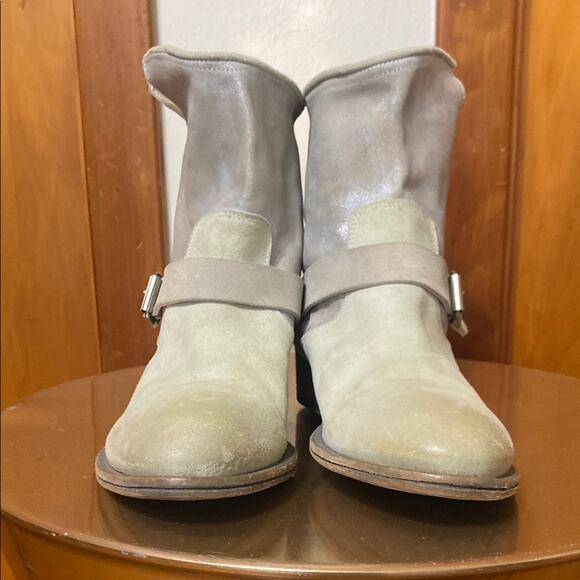 Pantanetti Leather Cowboy Boots Ankle Cream Iridescent Heeled Buckle Italian - Picture 2 of 16